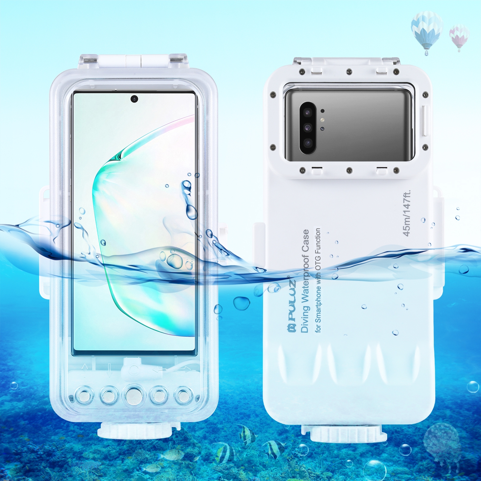 PULUZ 45m/147ft Waterproof Diving Case Photo Video Taking Underwater Housing Cover for Galaxy, Huawei, Xiaomi, Google Android Smartphones with OTG Function(White) PULUZ 45m/147ft Waterproof Diving Case Photo Video Taking Underwater Housing Cover for Galaxy, Huawei, Xiaomi, Google Android Smartphones with OTG Function(White)