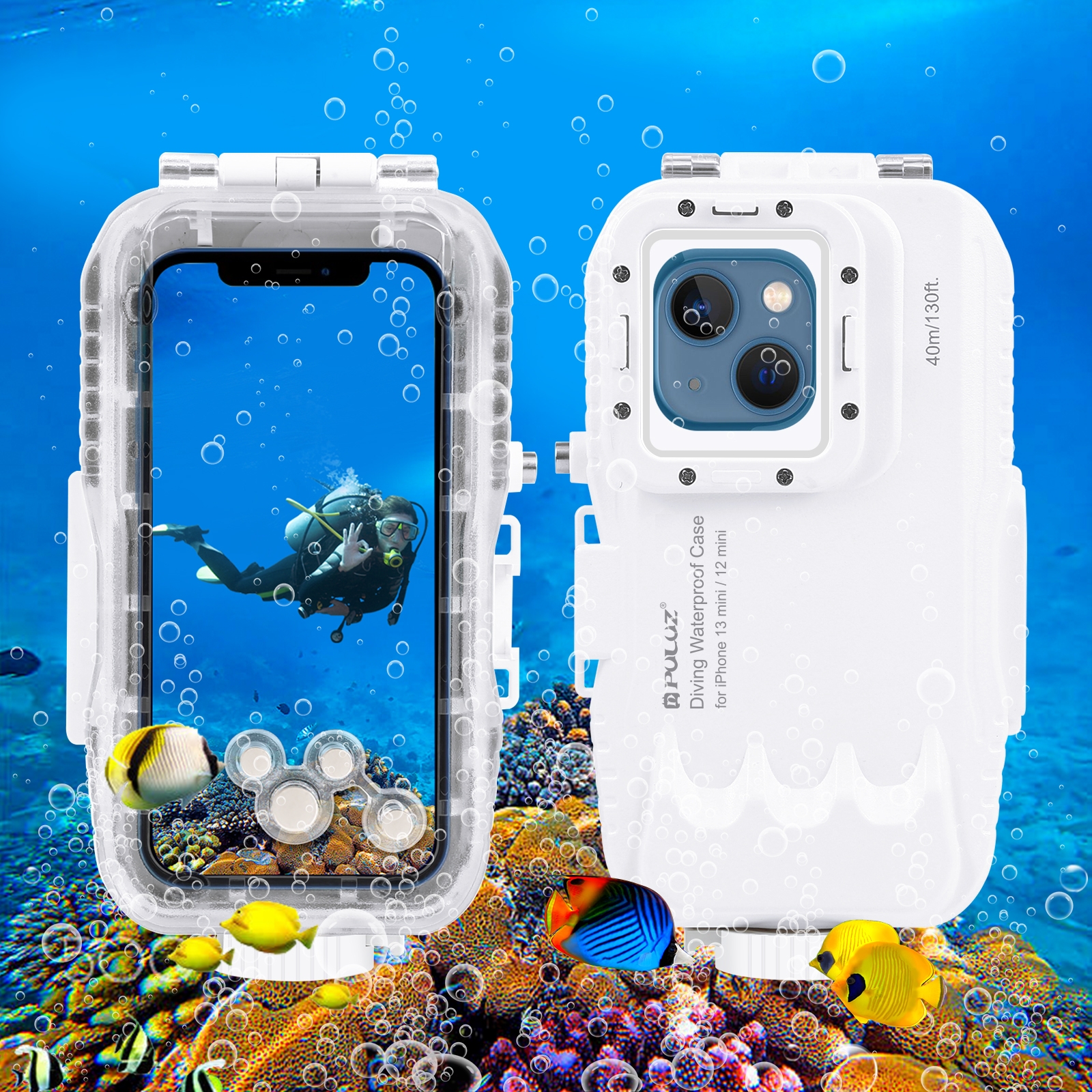 PULUZ 40m/130ft Waterproof Diving Case for iPhone 13 mini / 12 mini, Photo Video Taking Underwater Housing Cover(White) PULUZ 40m/130ft Waterproof Diving Case for iPhone 13 mini / 12 mini, Photo Video Taking Underwater Housing Cover(White)