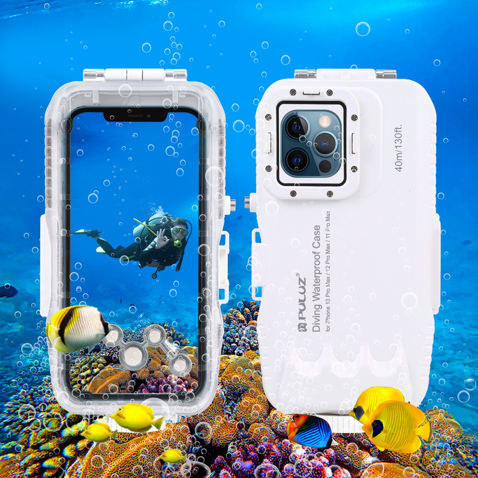 PULUZ 40m/130ft Waterproof Diving Case for iPhone 13 Pro Max / 12 Pro Max / 11 Pro Max, Photo Video Taking Underwater Housing Cover(White) PULUZ 40m/130ft Waterproof Diving Case for iPhone 13 Pro Max / 12 Pro Max / 11 Pro Max, Photo Video Taking Underwater Housing Cover(White)