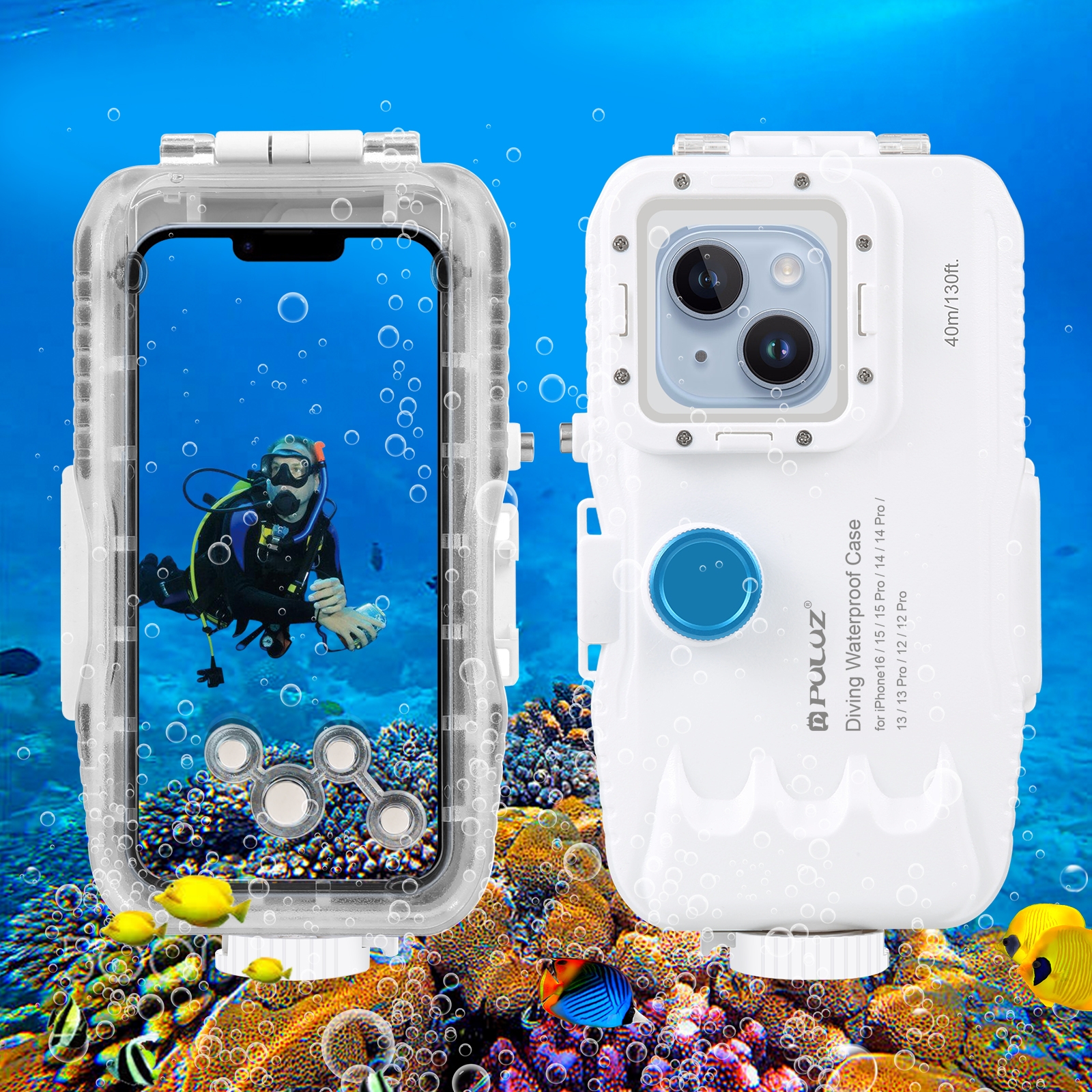 PULUZ 40m/130ft Waterproof Diving Case for iPhone 16 / 15 / 15 Pro / 14 / 14 Pro / 13 / 13 Pro / 12 / 12 Pro, with One-way Valve Photo Video Taking Underwater Housing Cover(White) PULUZ 40m/130ft Waterproof Diving Case for iPhone 16 / 15 / 15 Pro / 14 / 14 Pro / 13 / 13 Pro / 12 / 12 Pro, with One-way Valve Photo Video Taking Underwater Housing Cover(White)