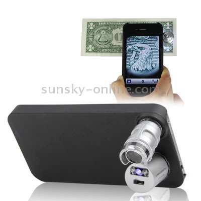 60X Mini Digital Microscope Magnification with 2 LED Lights / UV Light / Plastic Case for iPhone 4 & 4S(Black)