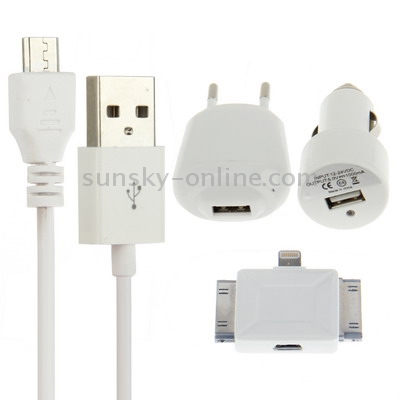 6 in 1 (EU Plug USB Charger, Car Charger, USB Cable, 8 Pin+30 Pin+Tab 30 Pin+Micro USB Adapter) Travel Kit 6 in 1 (EU Plug USB Charger, Car Charger, USB Cable, 8 Pin+30 Pin+Tab 30 Pin+Micro USB Adapter) Travel Kit