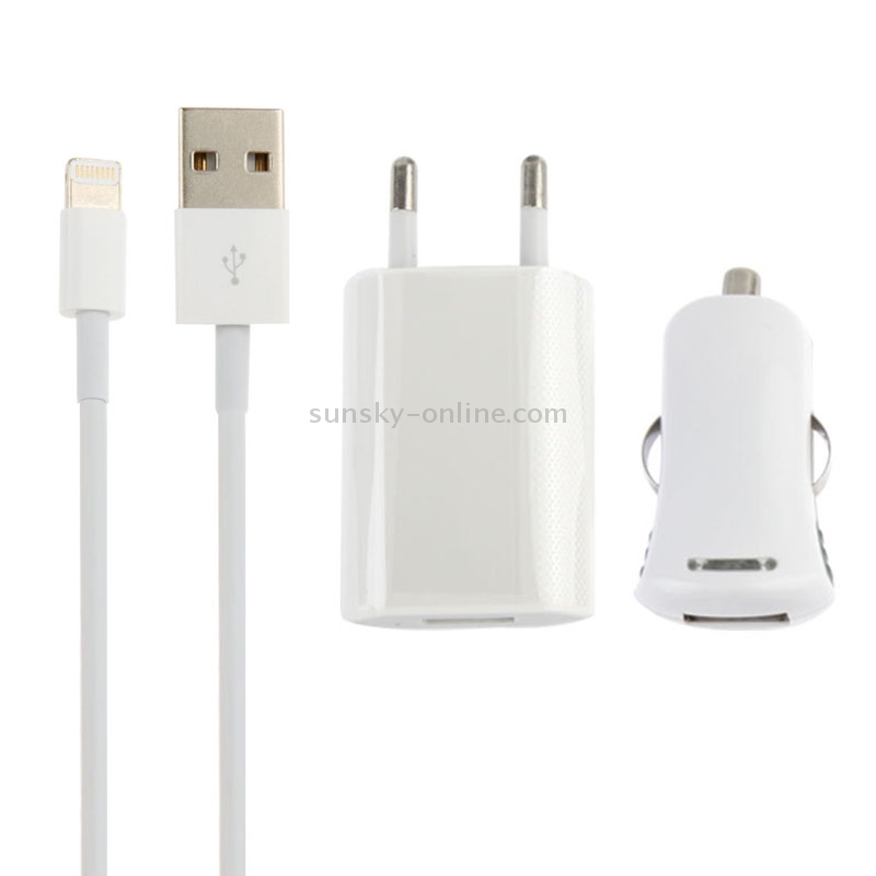 3 in 1 (Car Charger + USB Charger Adapter + 8 Pin USB Sync Cable) Travel Kit  for iPhone 8 / 8 Plus, iPhone 7  & 7 Plus, iPhone 6 & 6 Plus / iPhone 5 & 5S & 5C / iPod touch 5 / 6 / iPad mini / mini 2 Retina / iPad 4, Cable Length: 1m
