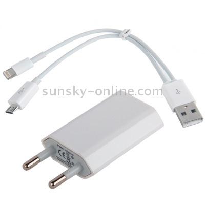 2 in 1 (EU Plug Travel Charger Adapter + 8 Pin / Micro USB Charger Data Sync Cable)