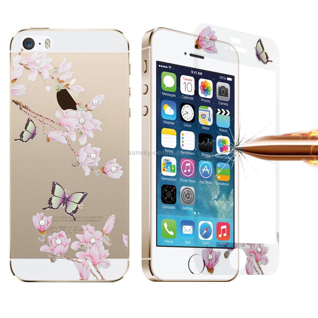 Colorized Relief Magnolia Pattern Diamond Encrusted 0.3mm 9H+ Surface Hardness Full Screen Front and Back Explosion-proof Tempered Glass Film for iPhone 5 & 5S Colorized Relief Magnolia Pattern Diamond Encrusted 0.3mm 9H+ Surface Hardness Full Screen Front and Back Explosion-proof Tempered Glass Film for iPhone 5 & 5S