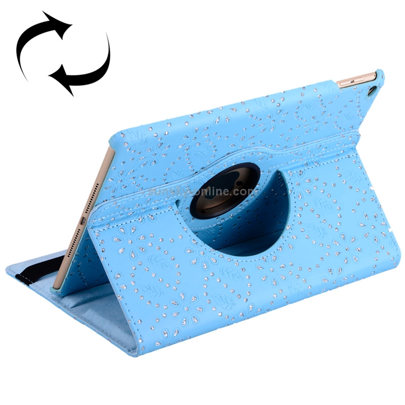 Flower of Palace Pattern 360 Degree Rotation Diamond-encrusted Leather Case with 3 Gears Holder for iPad Air 2 / iPad 6(Blue)