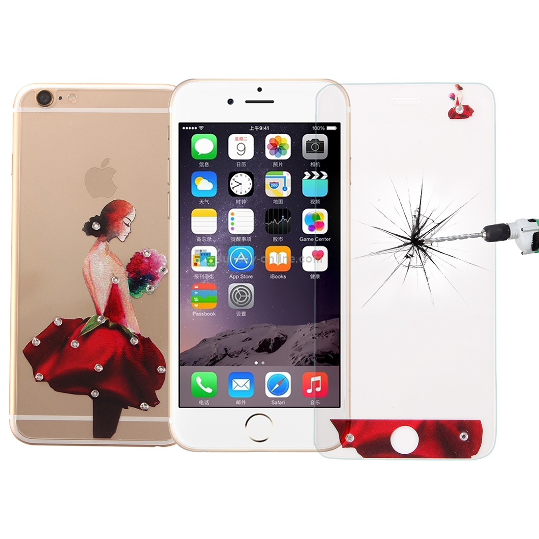 0.3mm 3D Colorized Relief Girl Pattern Diamond Encrusted Front + Back Tempered Glass Screen Protector for iPhone 6 & 6s(Red) 0.3mm 3D Colorized Relief Girl Pattern Diamond Encrusted Front + Back Tempered Glass Screen Protector for iPhone 6 & 6s(Red)