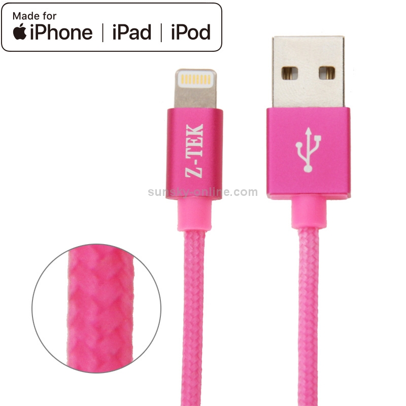 Z-TEK MFI Woven Style High Quality Metal Head 8pin to USB Data / Charger Cable for iPhone 6 & 6 Plus / iPhone 5 & 5S & 5C / iPad Air 2 & Air / iPad mini 3 & mini 2 / iPod, Length: 1.2m(Magenta)