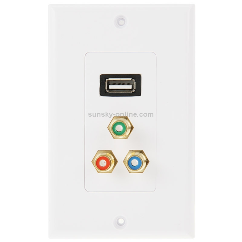 USB 2.0 Female Plug + 3 RCA Female Plugs Wall Plate Panel