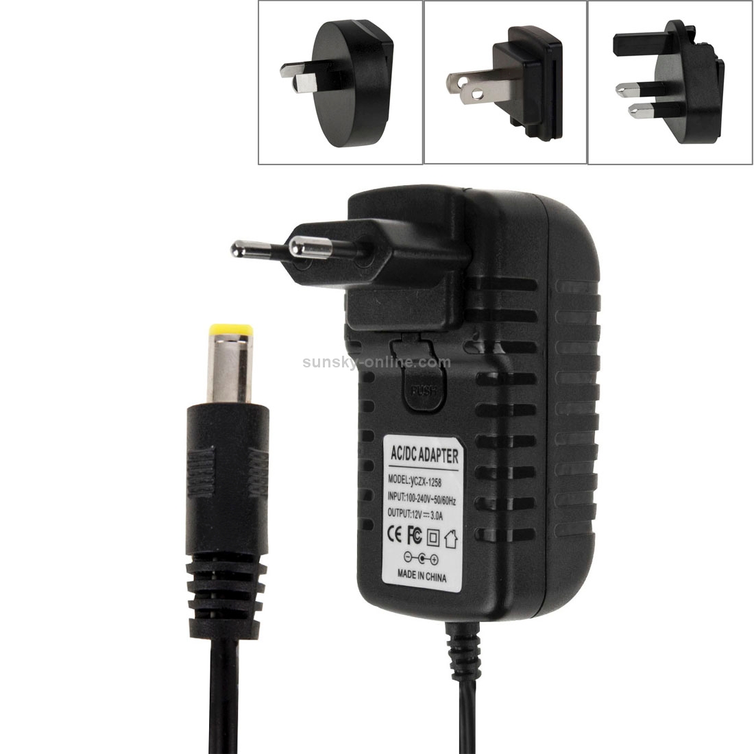 4 in 1 EU Plug + US Plug + UK Plug + AU Plug AC 100-240V to DC 12V 3A Power Adapter, Tips: 5.5 x 2.1mm, Cable Length: about 1.2m(Black)