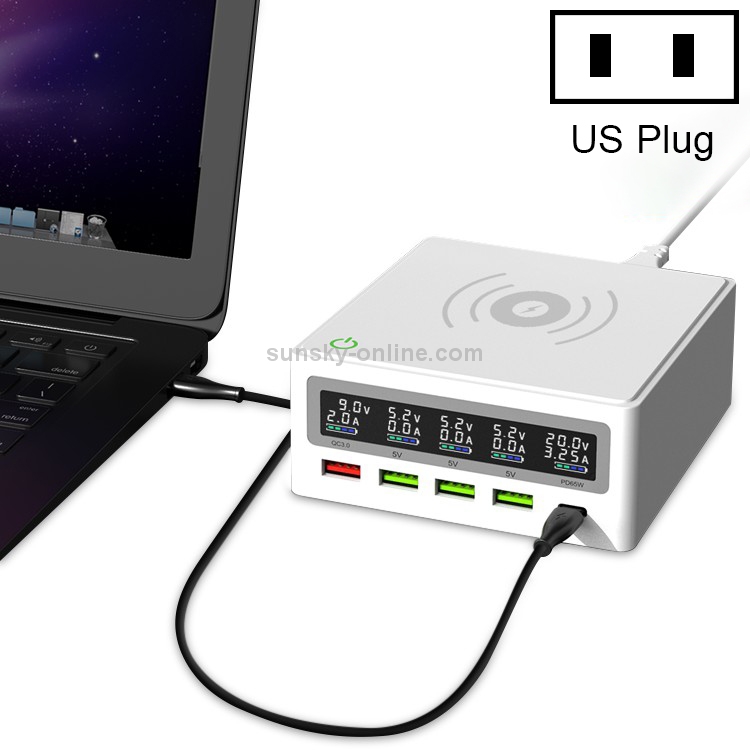 6 in 1 QC 3.0 USB Interface + 3 USB Ports + PD 65W Ports + QI Wireless Fast Charging Multi-function Charger with LED Display, US Plug(White) 6 in 1 QC 3.0 USB Interface + 3 USB Ports + PD 65W Ports + QI Wireless Fast Charging Multi-function Charger with LED Display, US Plug(White)