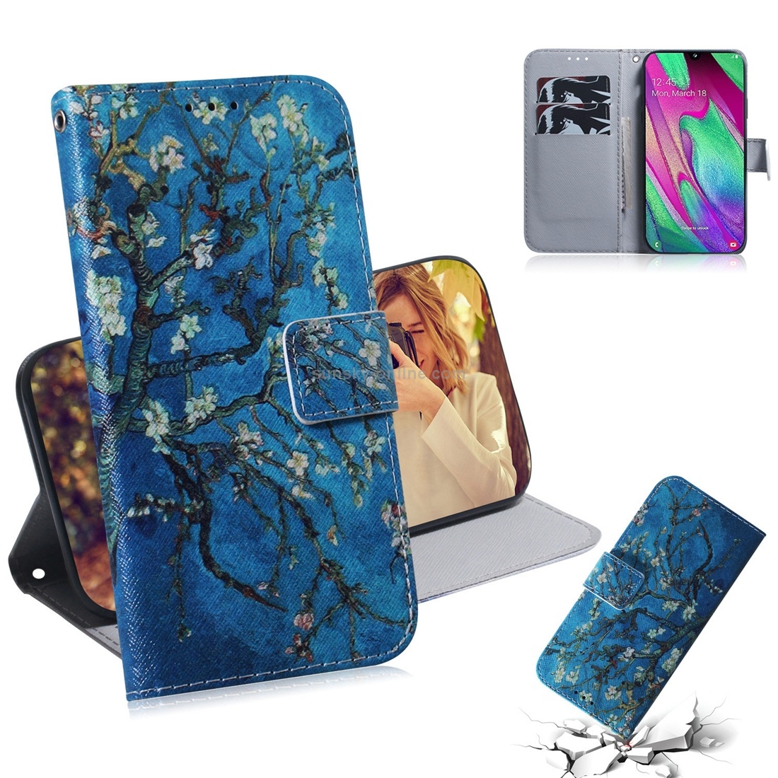 Apricot Flower Pattern Coloured Drawing Horizontal Flip Leather Case for Galaxy A40, with Holder & Card Slots & Wallet Apricot Flower Pattern Coloured Drawing Horizontal Flip Leather Case for Galaxy A40, with Holder & Card Slots & Wallet