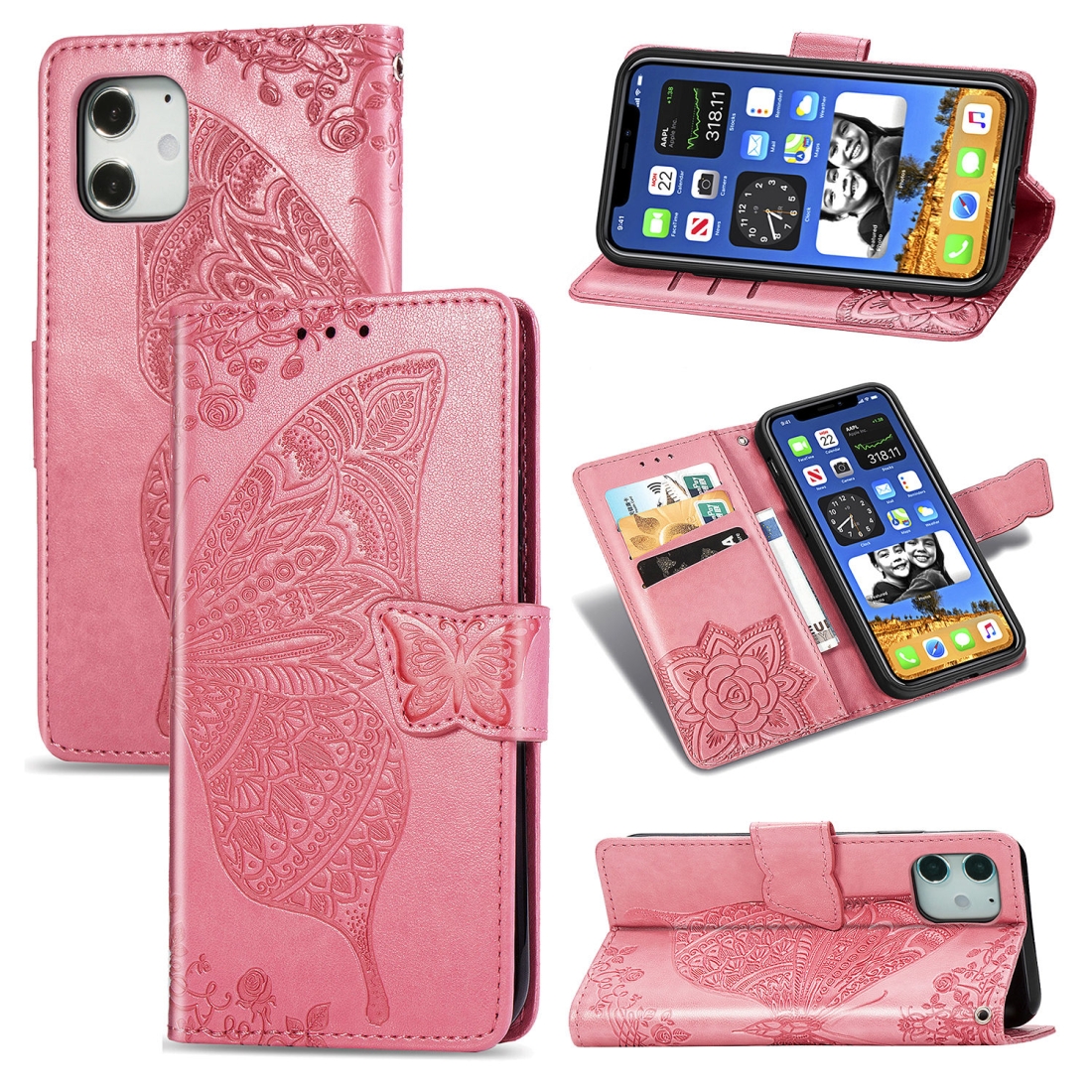 For iPhone 12 / 12 Pro Butterfly Love Flower Embossed Horizontal Flip Leather Case with Bracket / Card Slot / Wallet / Lanyard(Pink) For iPhone 12 / 12 Pro Butterfly Love Flower Embossed Horizontal Flip Leather Case with Bracket / Card Slot / Wallet / Lanyard(Pink)