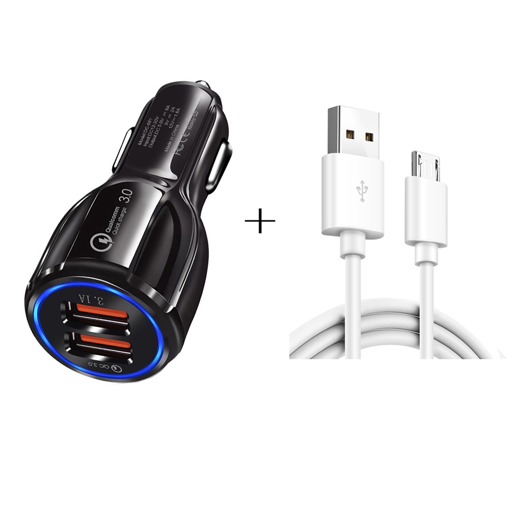 Qc3.0 Dual USB Car Charger + Micro USB Fast Charging Cable Car Charging Kit(Black) Qc3.0 Dual USB Car Charger + Micro USB Fast Charging Cable Car Charging Kit(Black)