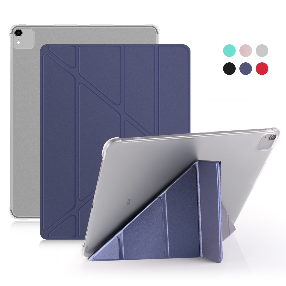 For iPad Pro 12.9 inch (2020) Multi-folding Horizontal Flip Shockproof Transparent PC + PU Leather Tablet Case with Sleep / Wake-up Function(Navy blue)