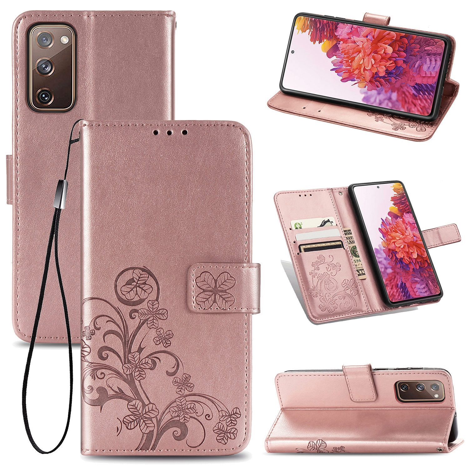 For Galaxy S20 FE / S20 Lite Four-leaf Clasp Embossed Buckle Mobile Phone Protection Leather Case with Lanyard & Card Slot & Wallet & Bracket Function(Rose Gold) For Galaxy S20 FE / S20 Lite Four-leaf Clasp Embossed Buckle Mobile Phone Protection Leather Case with Lanyard & Card Slot & Wallet & Bracket Function(Rose Gold)