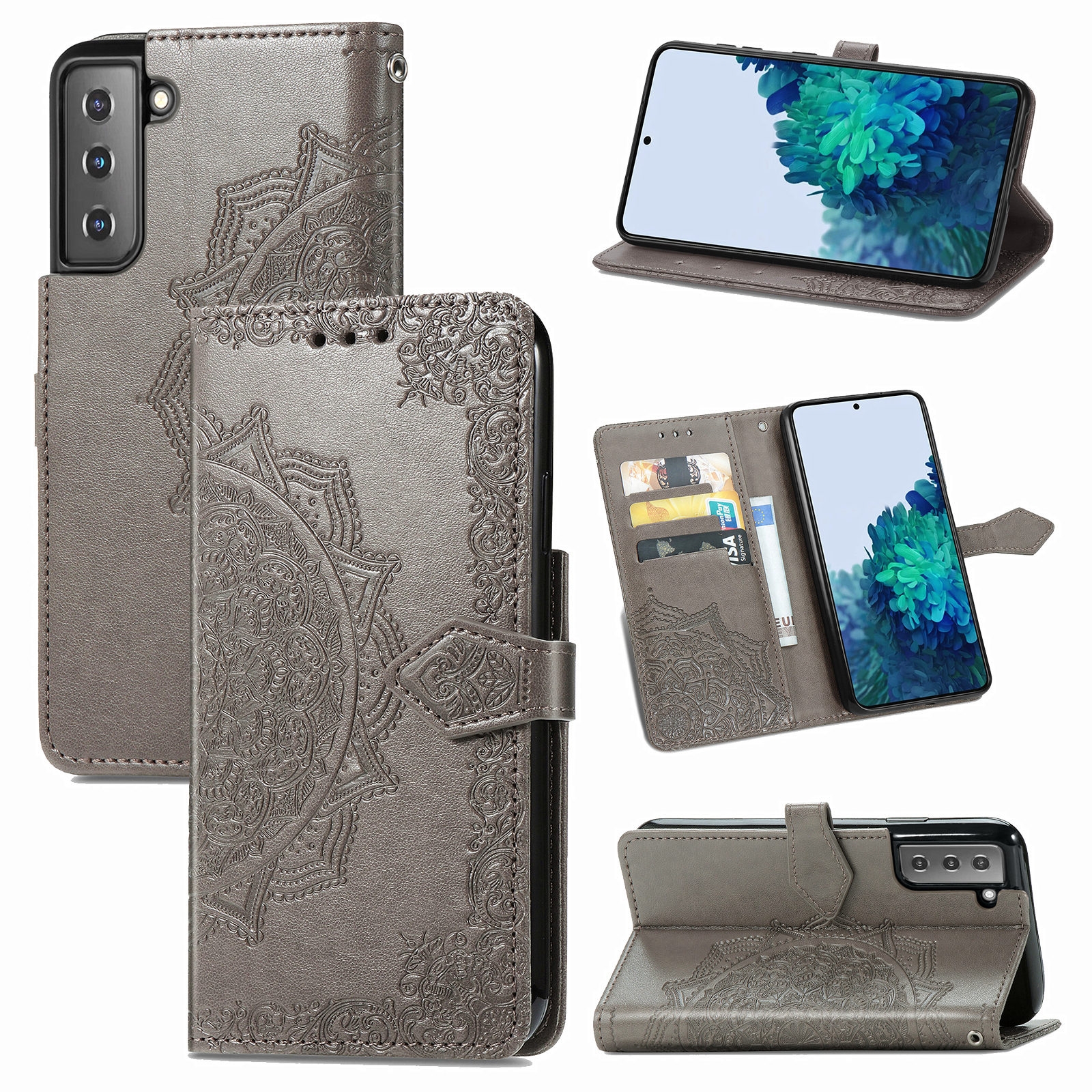 For Samsung Galaxy S21 5G Mandala Flower Embossed Horizontal Flip Leather Case with Holder & Three Card Slots & Wallet & Lanyard(Grey) For Samsung Galaxy S21 5G Mandala Flower Embossed Horizontal Flip Leather Case with Holder & Three Card Slots & Wallet & Lanyard(Grey)