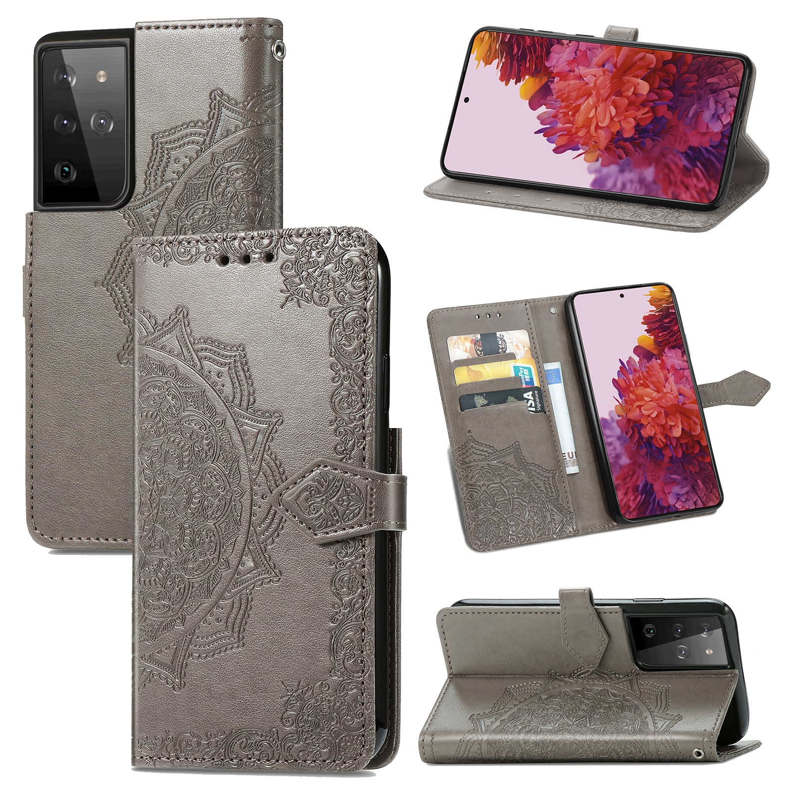 For Samsung Galaxy S21 Ultra 5G Mandala Flower Embossed Horizontal Flip Leather Case with Holder & Three Card Slots & Wallet & Lanyard(Grey) For Samsung Galaxy S21 Ultra 5G Mandala Flower Embossed Horizontal Flip Leather Case with Holder & Three Card Slots & Wallet & Lanyard(Grey)