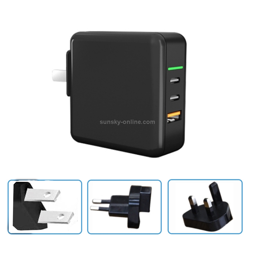 KP-GAN65-3 65W PD Dual Type-C + 30W USB GAN Charger for Apple / Huawei / Samsung, with US Plug / EU Plug / UK Plug Black