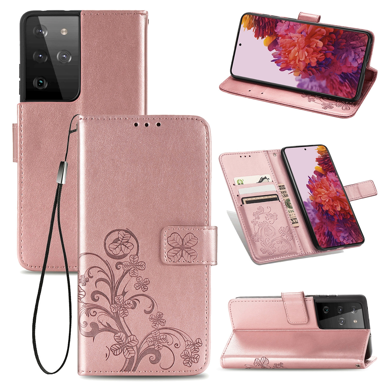 Four-leaf Clasp Embossed Buckle Mobile Phone Protection Leather Case with Lanyard & Card Slot & Wallet & Bracket Function For Samsung Galaxy S21 Ultra 5G(Rose Gold) Four-leaf Clasp Embossed Buckle Mobile Phone Protection Leather Case with Lanyard & Card Slot & Wallet & Bracket Function For Samsung Galaxy S21 Ultra 5G(Rose Gold)