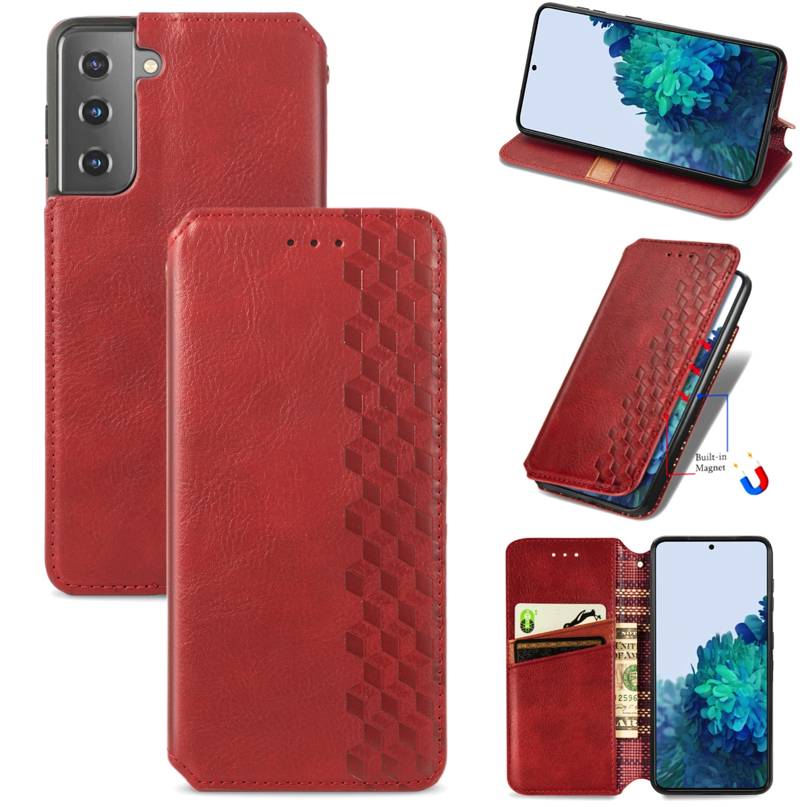 For Samsung Galaxy S21 5G Cubic Grid Pressed Horizontal Flip Magnetic PU Leather Case with Holder & Card Slots & Wallet(Red) For Samsung Galaxy S21 5G Cubic Grid Pressed Horizontal Flip Magnetic PU Leather Case with Holder & Card Slots & Wallet(Red)