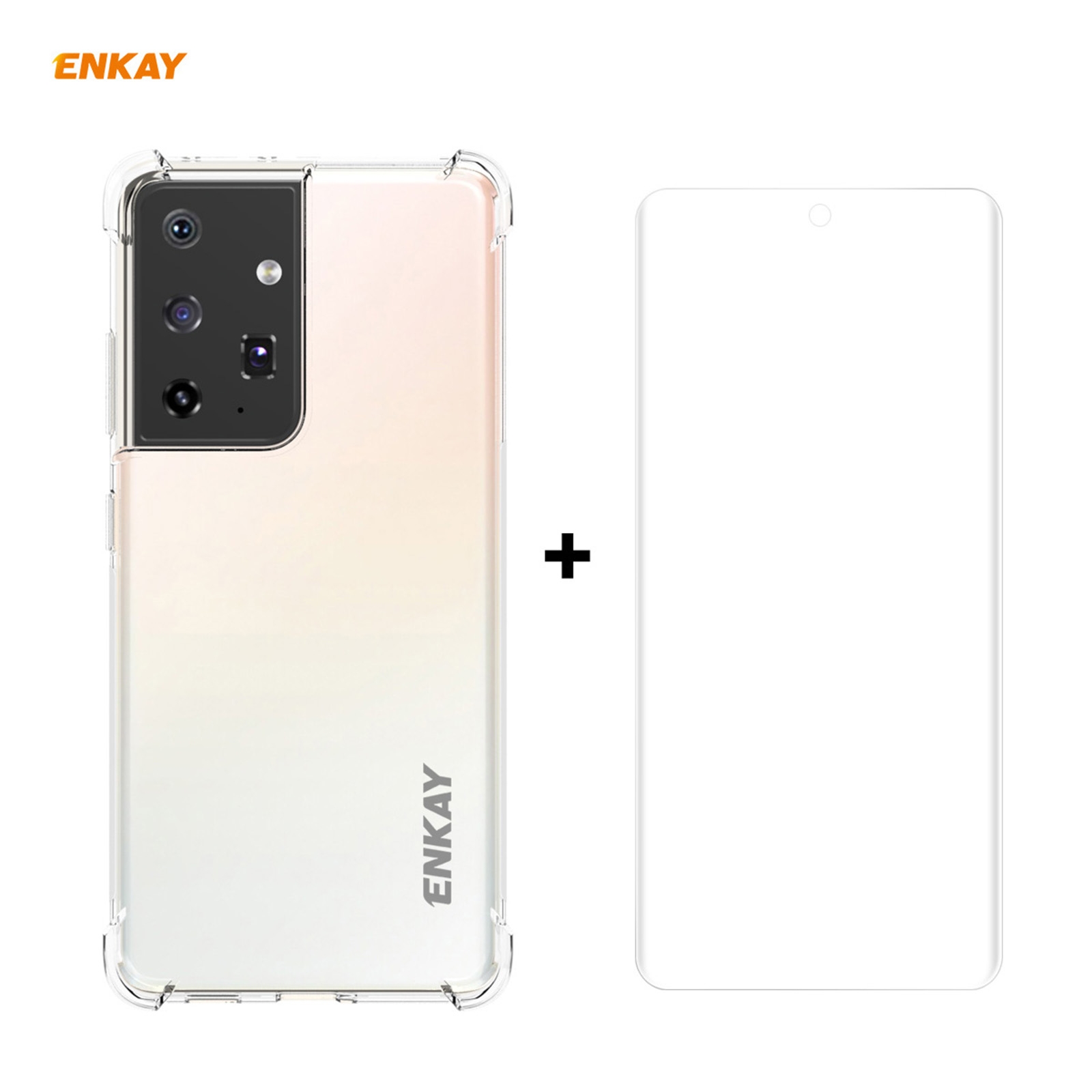 For Samsung Galaxy S21 Ultra 5G Hat-Prince ENKAY Clear TPU Shockproof Case Soft Anti-slip Cover + 3D Full Screen PET Curved Hot Bending HD Screen Protector Soft Film, Support Fingerprint Unlock