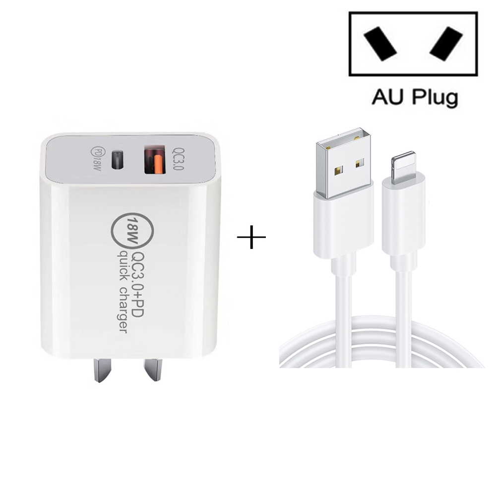 SDC-18W 18W PD 3.0 Type-C / USB-C + QC 3.0 USB Dual Fast Charging Universal Travel Charger with USB to 8 Pin Fast Charging Data Cable, AU Plug SDC-18W 18W PD 3.0 Type-C / USB-C + QC 3.0 USB Dual Fast Charging Universal Travel Charger with USB to 8 Pin Fast Charging Data Cable, AU Plug