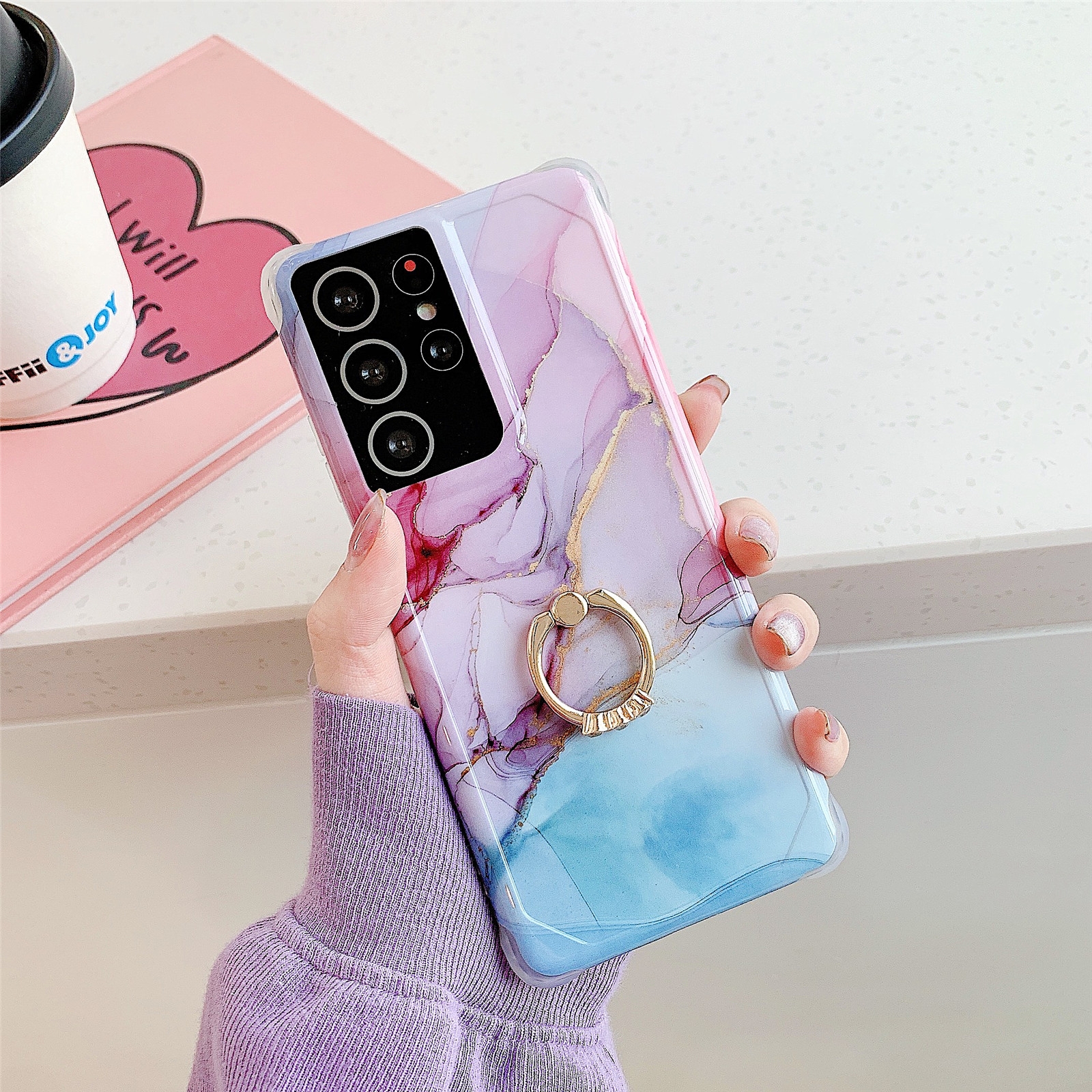 Four Corners Anti-Shattering Gold Marble IMD Phone Case with Metal Rhinestone Ring Holder For Samsung Galaxy S21 Plus 5G(Purple Blue LQ3) Four Corners Anti-Shattering Gold Marble IMD Phone Case with Metal Rhinestone Ring Holder For Samsung Galaxy S21 Plus 5G(Purple Blue LQ3)