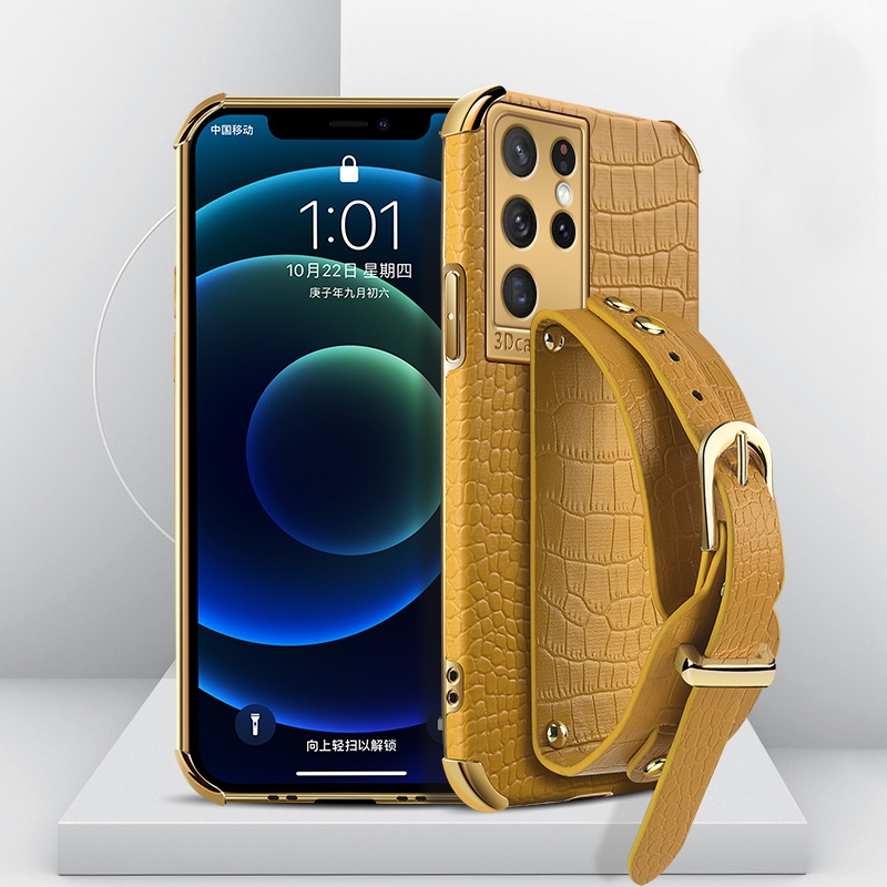For Samsung Galaxy S21 Ultra Electroplated TPU Crocodile Pattern Leather Case with Wrist Strap(Yellow) For Samsung Galaxy S21 Ultra Electroplated TPU Crocodile Pattern Leather Case with Wrist Strap(Yellow)