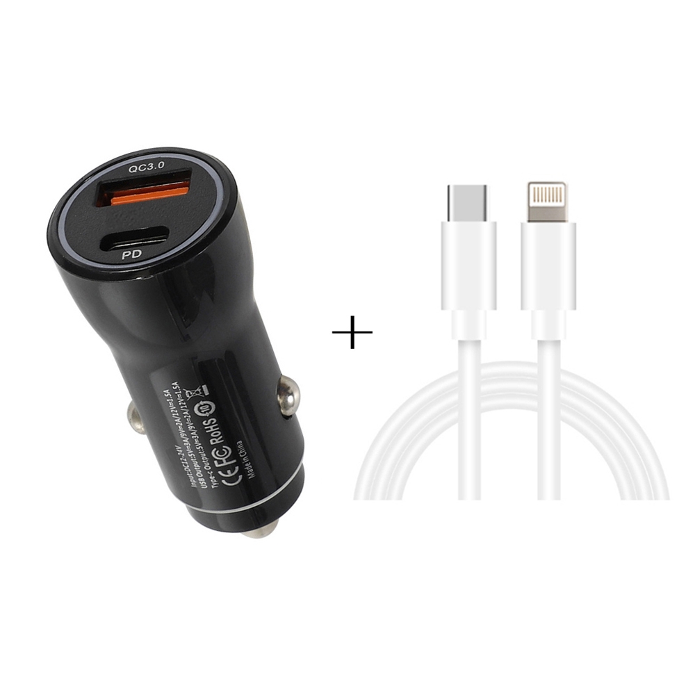 P21 PD 20W USB-C / Type-C + QC3.0 18W USB Fast Car Charger with USB-C / Type-C to 8 Pin Data Cable Set(Black)