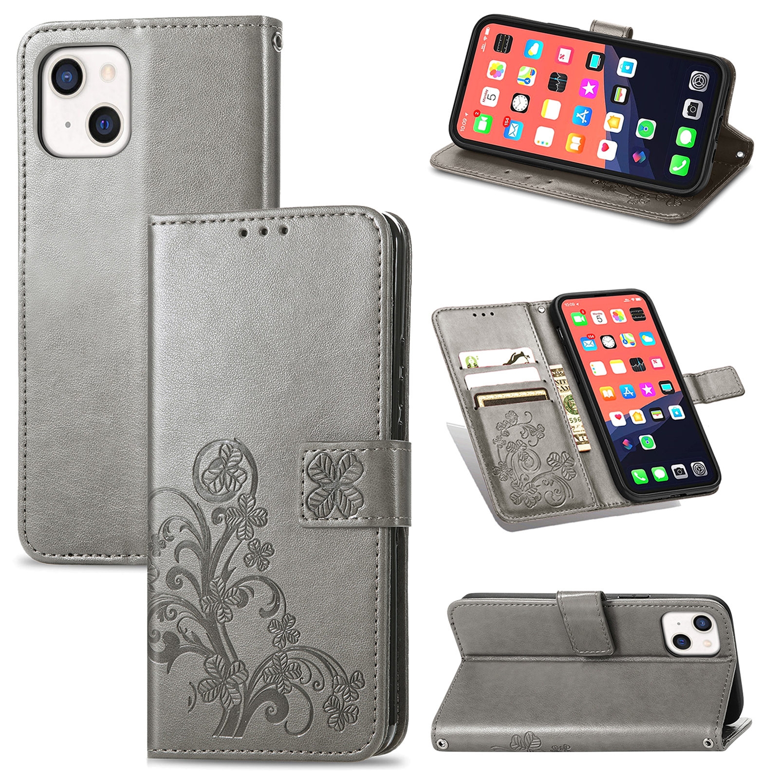 For iPhone 13 mini Four-leaf Clover Clasp Embossed Buckle Mobile Phone Protection Leather Case with Lanyard & Card Slot & Wallet & Bracket Function(Grey) For iPhone 13 mini Four-leaf Clover Clasp Embossed Buckle Mobile Phone Protection Leather Case with Lanyard & Card Slot & Wallet & Bracket Function(Grey)