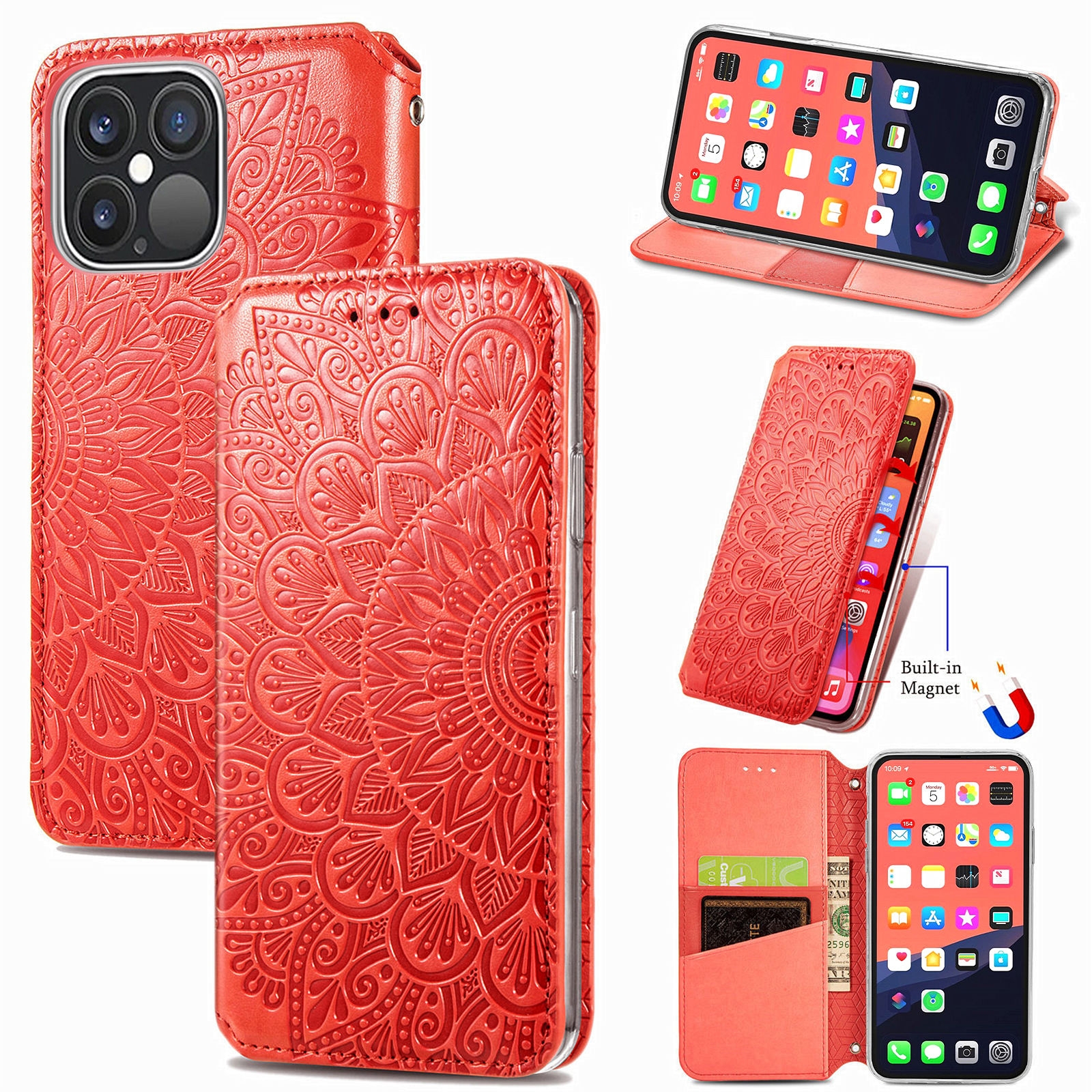 For iPhone 13 Pro Max  Blooming Mandala Embossed Pattern Magnetic Horizontal Flip Leather Case with Holder & Card Slots & Wallet(Red)