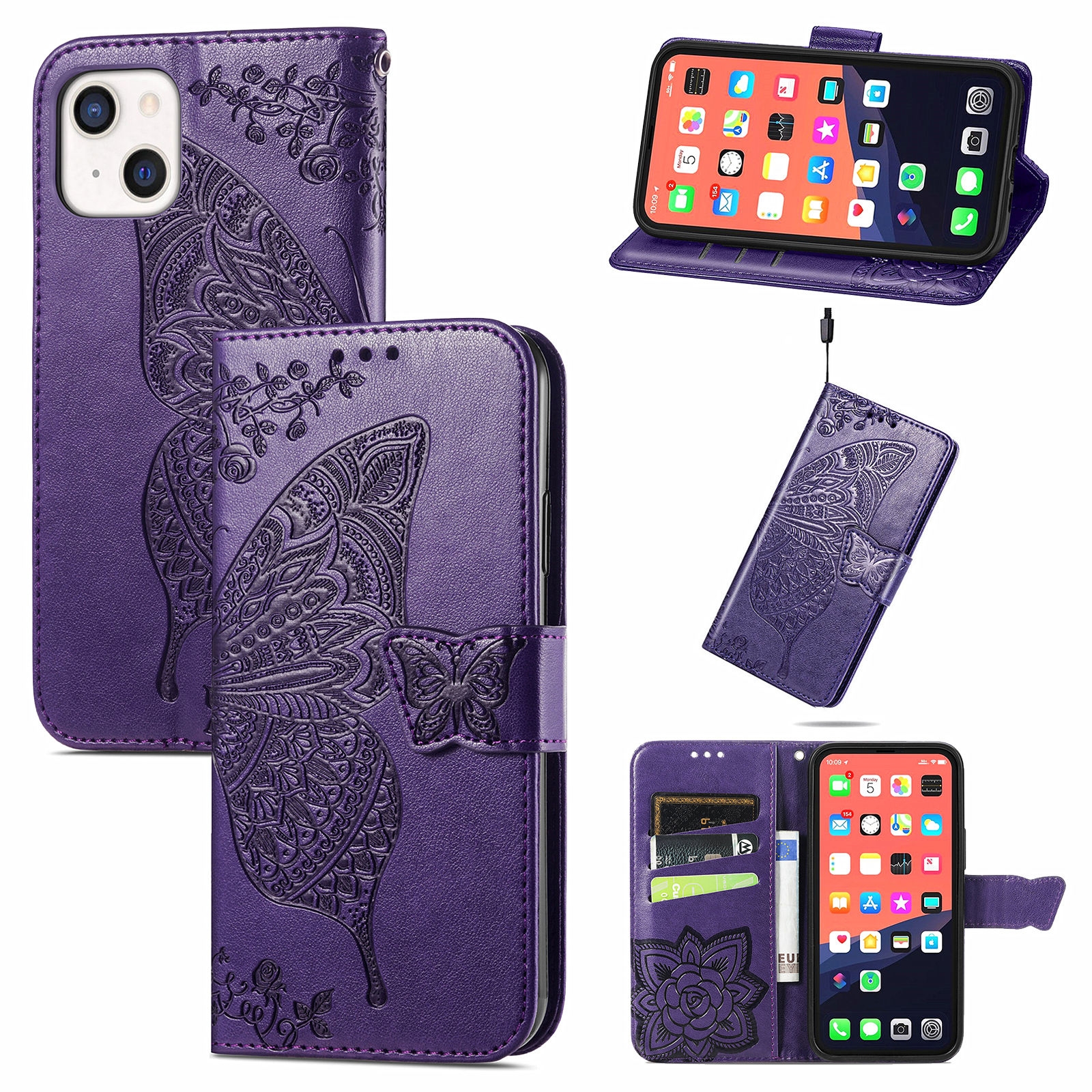 For iPhone 13 mini Butterfly Love Flower Embossed Horizontal Flip Leather Case with Bracket / Card Slot / Wallet / Lanyard (Dark Purple) For iPhone 13 mini Butterfly Love Flower Embossed Horizontal Flip Leather Case with Bracket / Card Slot / Wallet / Lanyard (Dark Purple)