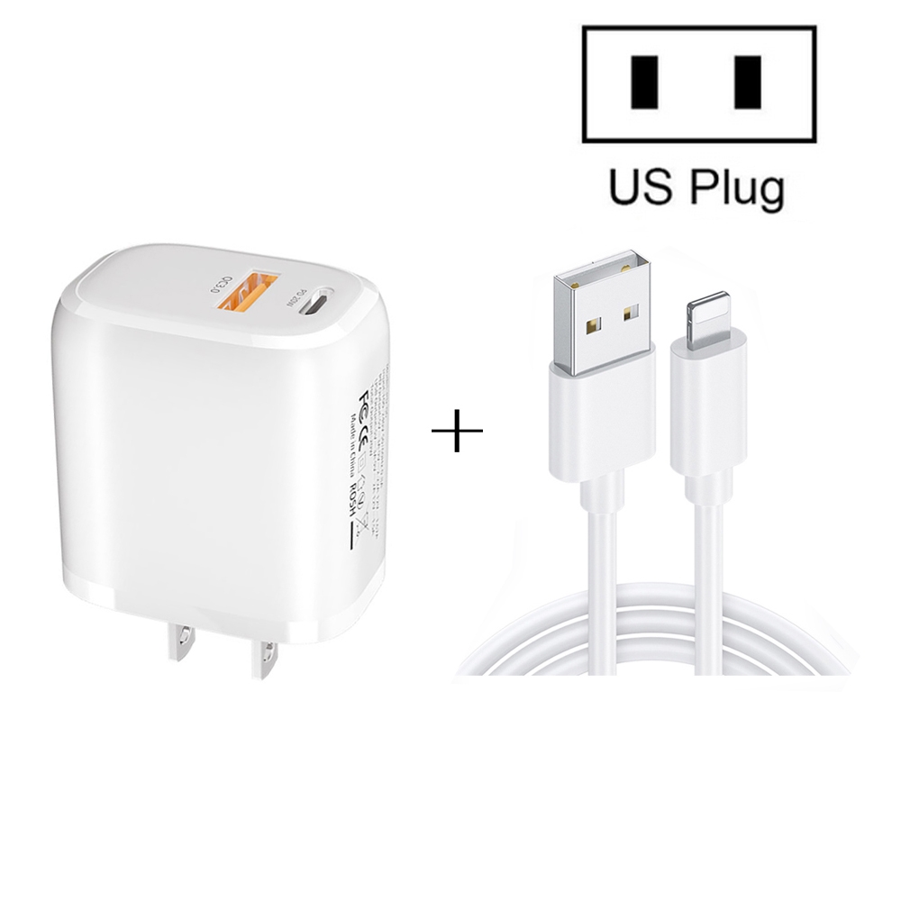 CS-20W Mini Portable PD3.0 + QC3.0 Dual Ports Fast Charger with 3A USB to 8 Pin Data Cable(US Plug) CS-20W Mini Portable PD3.0 + QC3.0 Dual Ports Fast Charger with 3A USB to 8 Pin Data Cable(US Plug)