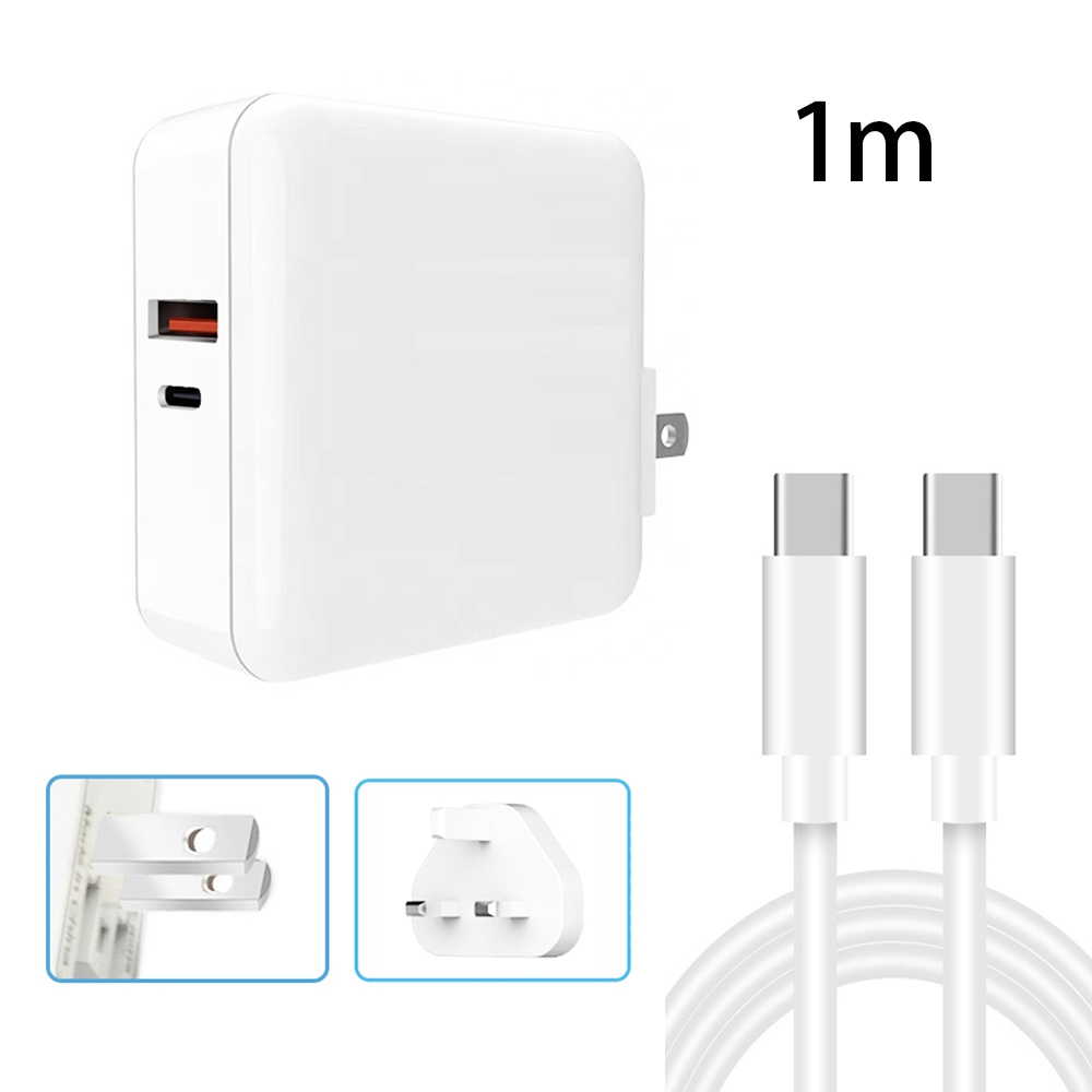 A6 65W QC 3.0 USB + PD USB-C / Type-C Dual Fast Charging Laptop Adapter + 1m USB-C / Type-C to USB-C / Type-C Data Cable Set for MacBook Series, US Plug + UK Plug