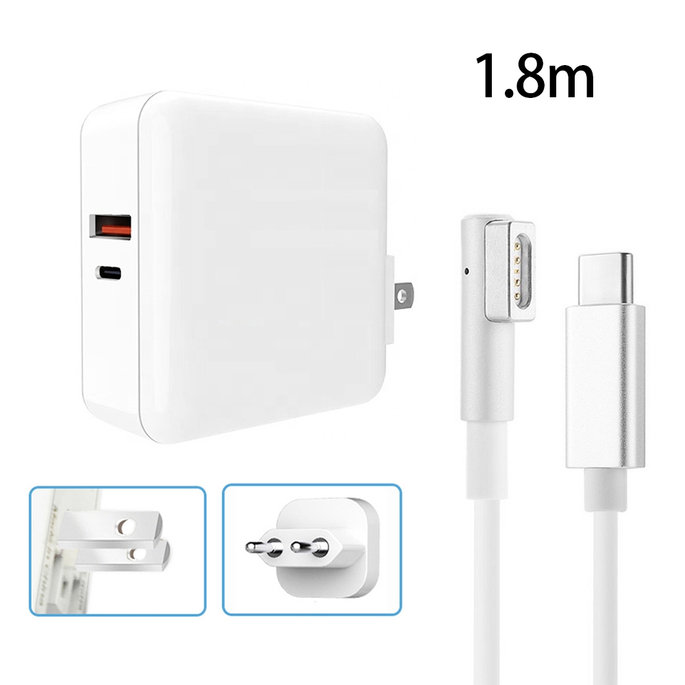 A6 PD 65W USB-C / Type-C + QC3.0 USB Laptop Adapter + 1.8m USB-C / Type-C to MagSafe 1 / L Data Cable Set for MacBook Series, US Plug + EU Plug