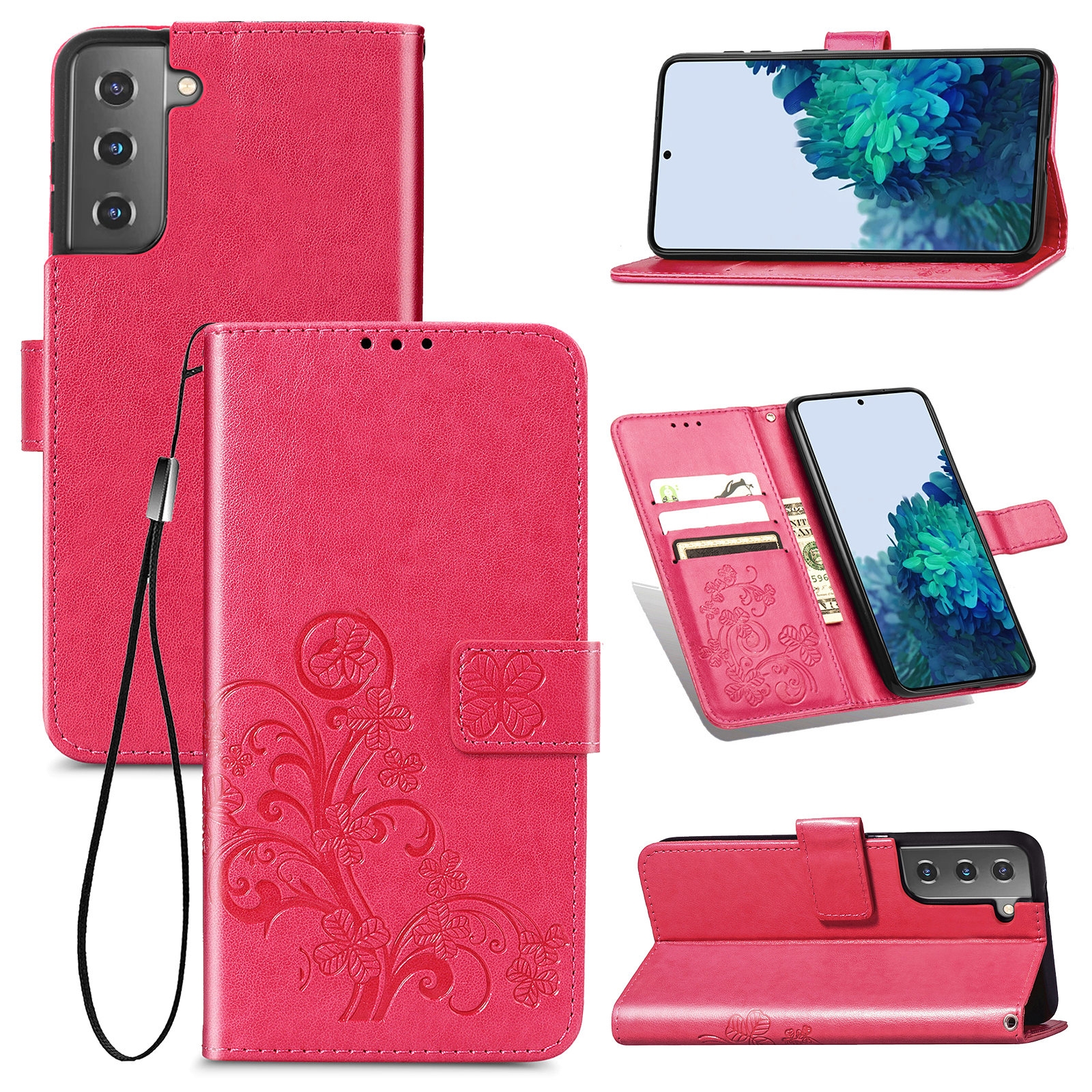 For Samsung Galaxy S22 5G Four-leaf Clasp Embossed Leather Phone Case with Lanyard & Card Slot & Wallet & Bracket Function(Magenta) For Samsung Galaxy S22 5G Four-leaf Clasp Embossed Leather Phone Case with Lanyard & Card Slot & Wallet & Bracket Function(Magenta)
