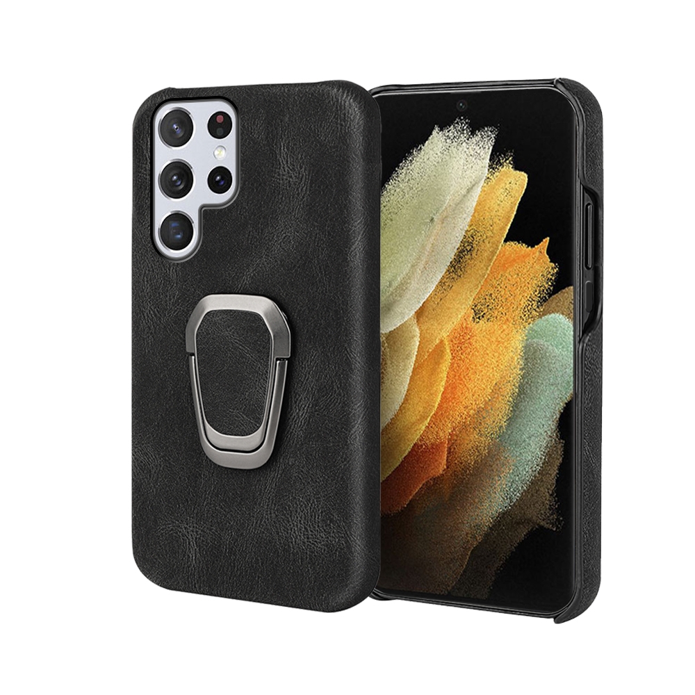 Ring Holder PU Phone Case For Samsung Galaxy S22 Ultra 5G(Black)