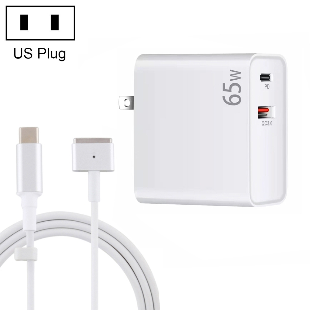 PD-65W USB-C / Type-C + QC3. 0 USB Laptop Charging Adapter + 1.8m USB-C / Type-C to MagSafe 2 / T Head Data Cable, US Plug(White)