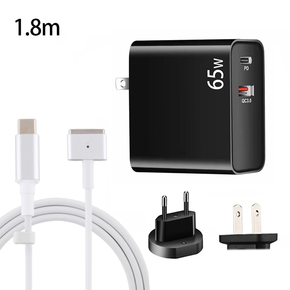 PD-65W USB-C / Type-C + QC3. 0 USB Laptop Charging Adapter + 1.8m USB-C / Type-C to MagSafe 2 / T Head Data Cable, EU Plug / US Plug(Black) PD-65W USB-C / Type-C + QC3. 0 USB Laptop Charging Adapter + 1.8m USB-C / Type-C to MagSafe 2 / T Head Data Cable, EU Plug / US Plug(Black)