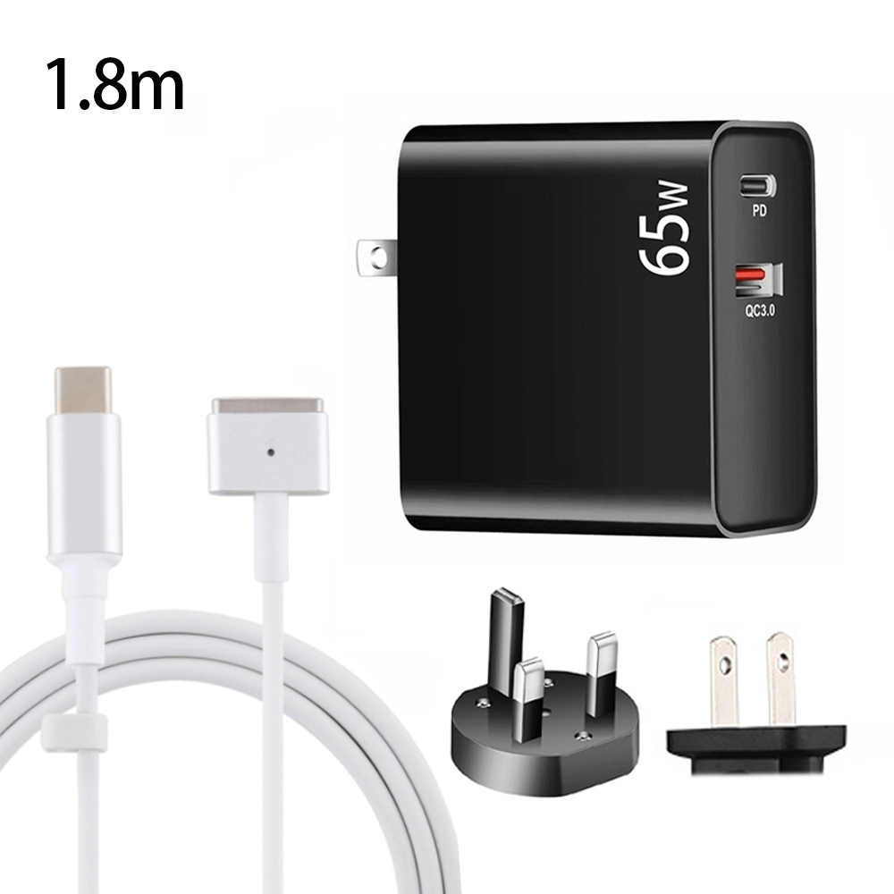 PD-65W USB-C / Type-C + QC3. 0 USB Laptop Charging Adapter + 1.8m USB-C / Type-C to MagSafe 2 / T Head Data Cable, UK Plug / US Plug(Black) PD-65W USB-C / Type-C + QC3. 0 USB Laptop Charging Adapter + 1.8m USB-C / Type-C to MagSafe 2 / T Head Data Cable, UK Plug / US Plug(Black)