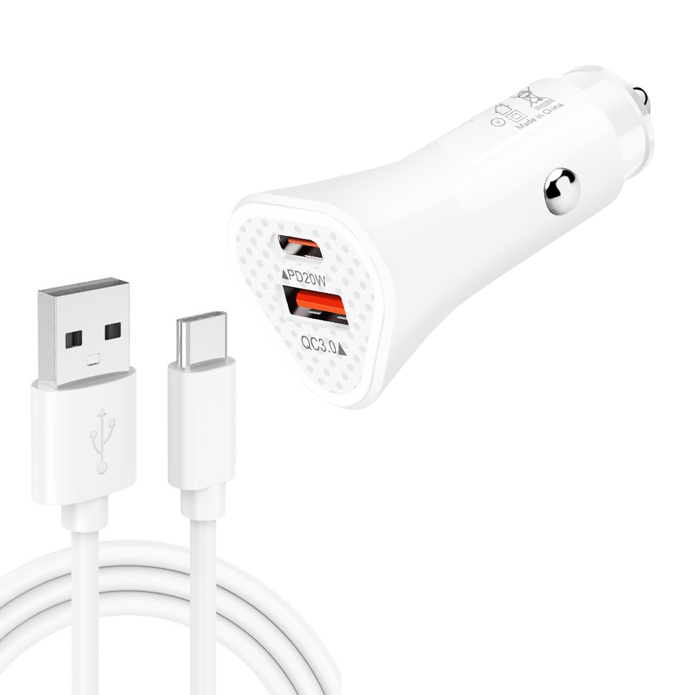 TE-P23 38W PD 20W USB-C / Type-C + QC3. 0 USB Triangle Car Charger + USB to USB-C / Type-C Data Cable, Length: 1m(White) TE-P23 38W PD 20W USB-C / Type-C + QC3. 0 USB Triangle Car Charger + USB to USB-C / Type-C Data Cable, Length: 1m(White)