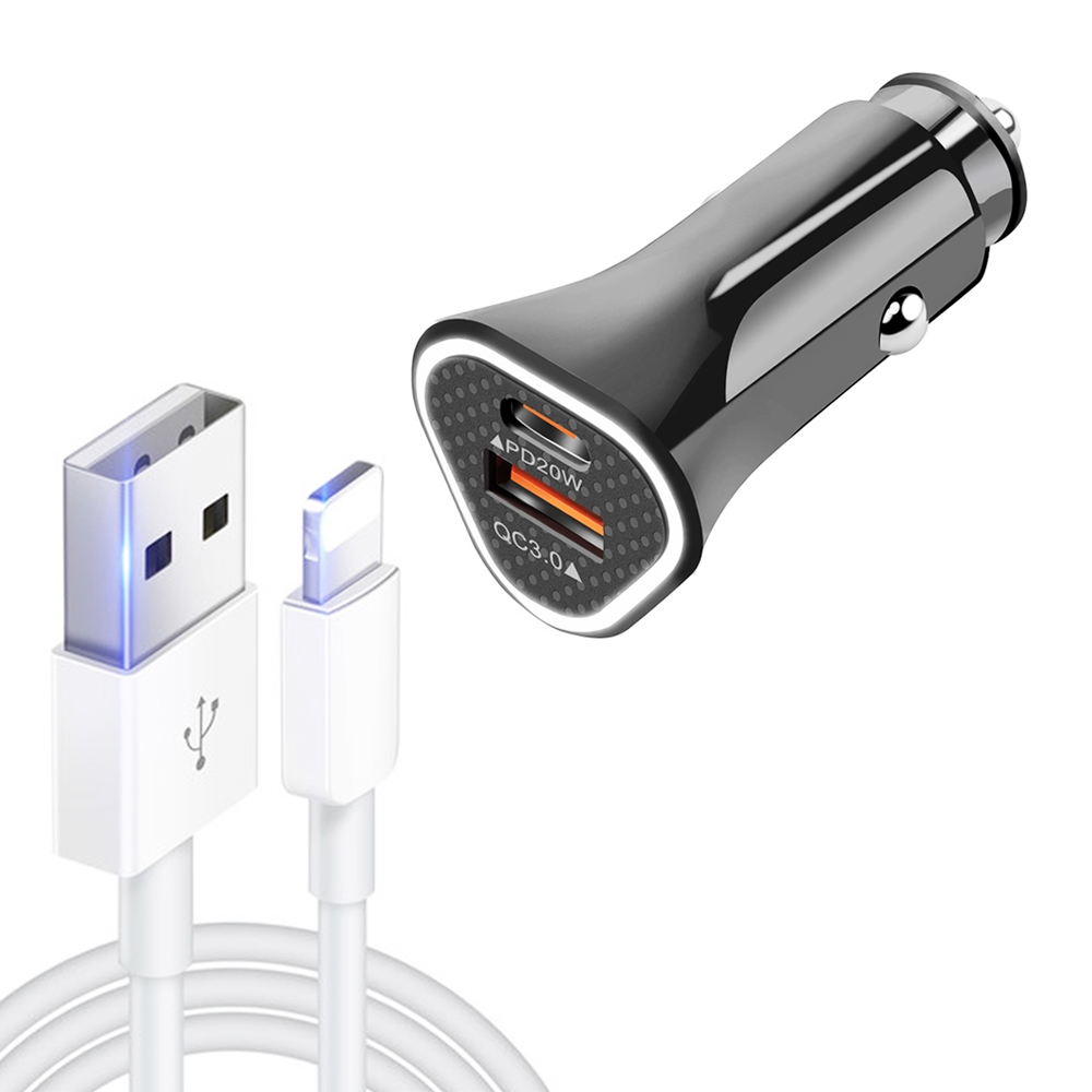 TE-P23 38W PD 20W USB-C / Type-C + QC3. 0 USB Triangle Car Charger + USB to 8 Pin Data Cable, Length: 1m(Black) TE-P23 38W PD 20W USB-C / Type-C + QC3. 0 USB Triangle Car Charger + USB to 8 Pin Data Cable, Length: 1m(Black)