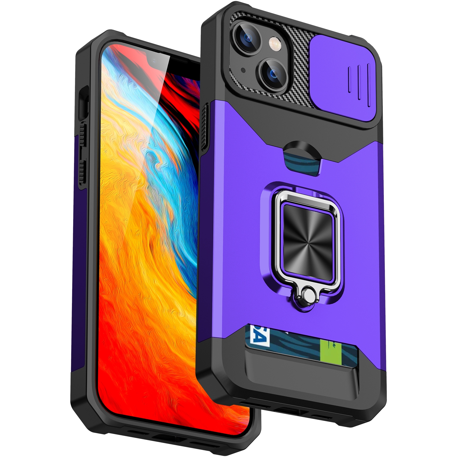For iPhone 14 Sliding Camshield Card Slot Ring Kickstand Phone Case (Purple) For iPhone 14 Sliding Camshield Card Slot Ring Kickstand Phone Case (Purple)