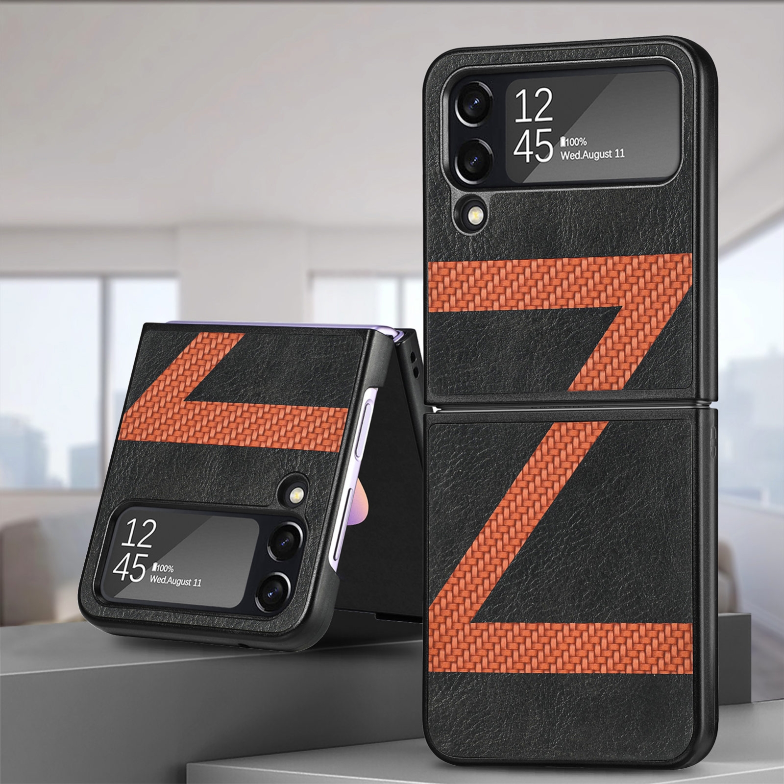 Z Shape Fiber Stitching Folding Phone Case For Samsung Galaxy Z Flip4(Black) Z Shape Fiber Stitching Folding Phone Case For Samsung Galaxy Z Flip4(Black)