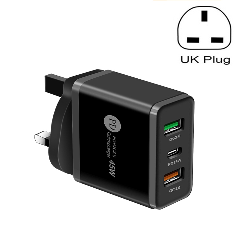 45W PD3.0 + 2 x QC3.0 USB Multi Port Quick Charger, UK Plug(Black) 45W PD3.0 + 2 x QC3.0 USB Multi Port Quick Charger, UK Plug(Black)