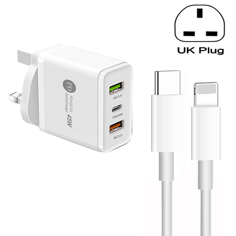 45W PD3.0 + 2 x QC3.0 USB Multi Port Charger with Type-C to 8 Pin Cable, UK Plug(White) 45W PD3.0 + 2 x QC3.0 USB Multi Port Charger with Type-C to 8 Pin Cable, UK Plug(White)