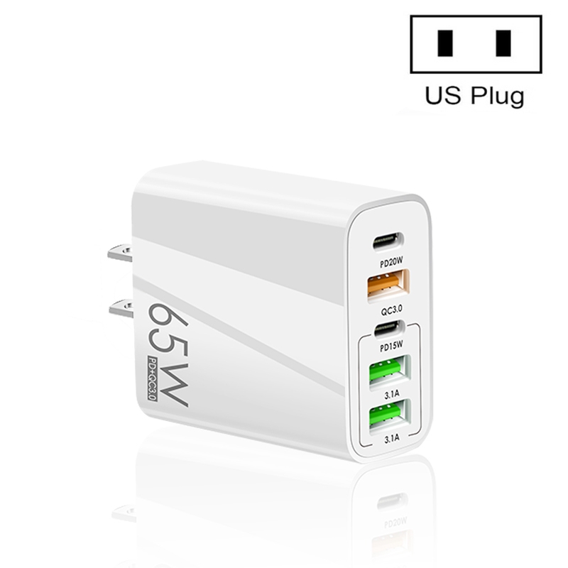 65W Dual PD Type-C + 3 x USB Multi Port Charger for Phone and Tablet PC, US Plug(White) 65W Dual PD Type-C + 3 x USB Multi Port Charger for Phone and Tablet PC, US Plug(White)