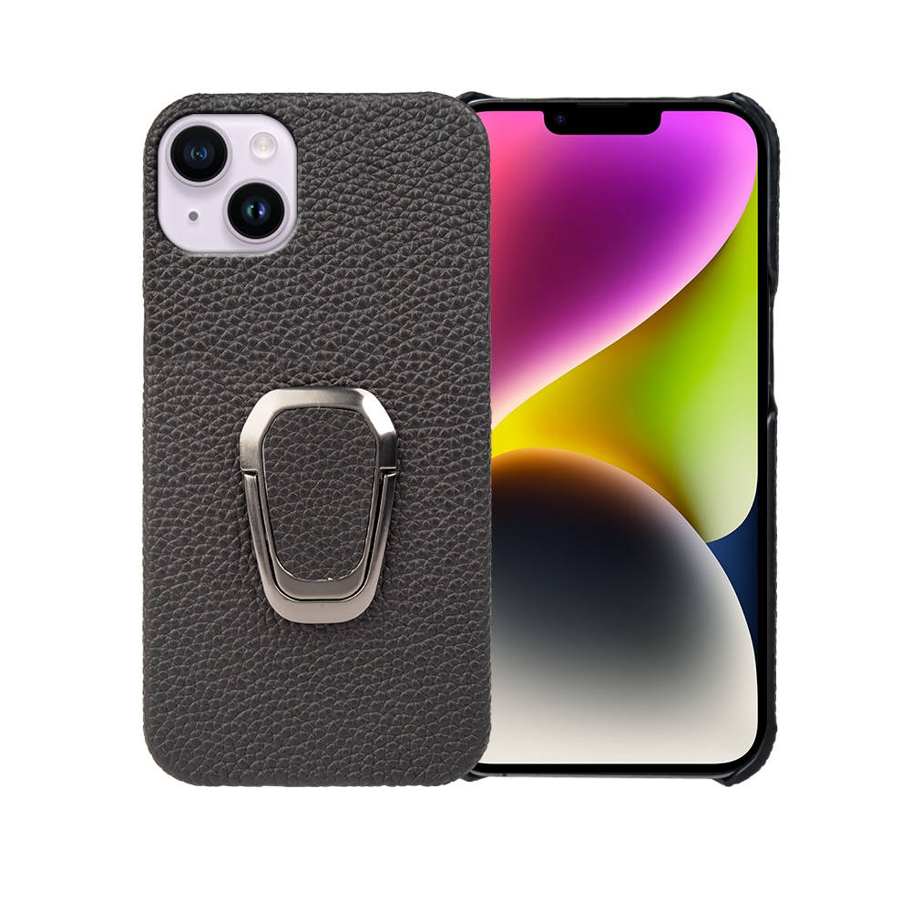 For iPhone 14 Plus Ring Holder Litchi Texture Genuine Leather Phone Case(Black) For iPhone 14 Plus Ring Holder Litchi Texture Genuine Leather Phone Case(Black)