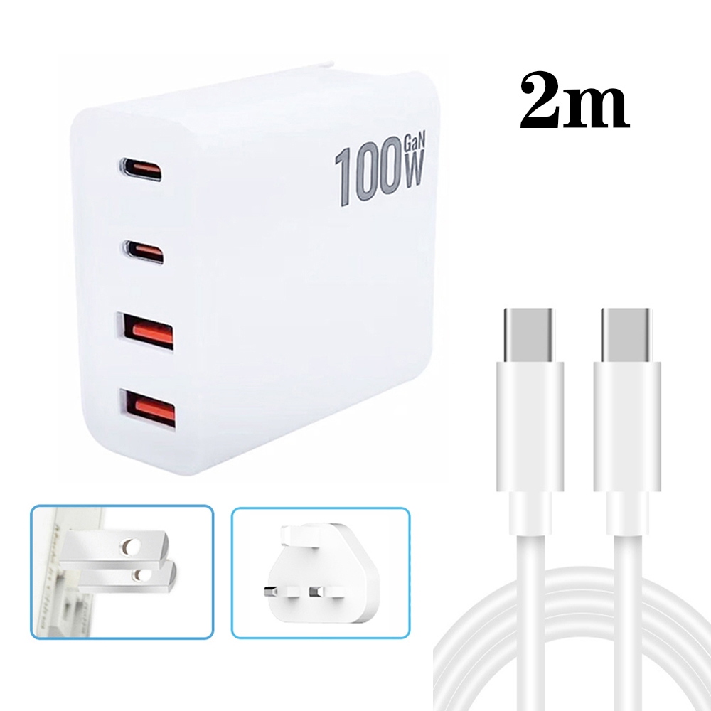 GaN 100W Dual USB + Dual USB-C/Type-C Multi Port Charger with 2m Type-C to Type-C Data Cable Set US / UK Plug GaN 100W Dual USB + Dual USB-C/Type-C Multi Port Charger with 2m Type-C to Type-C Data Cable Set US / UK Plug